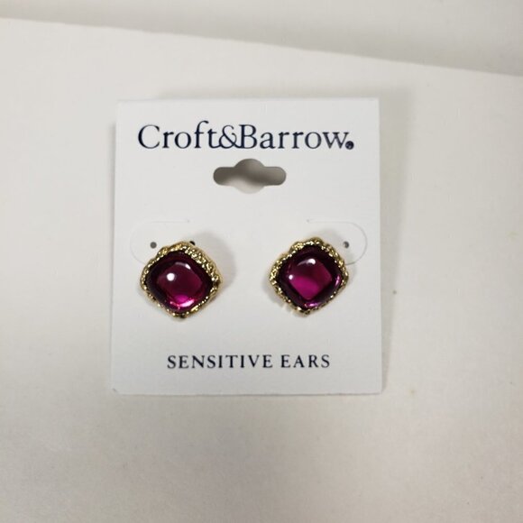 CROFT & BARROW, Gold-tone Pink Stone Square Design Stud Earrings Women's Jewelry - Picture 7 of 9